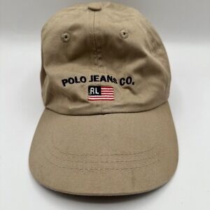 Vintage Polo Jeans Co Ralph Lauren Tan Baseball Cap RL Flag Embroidered One Size